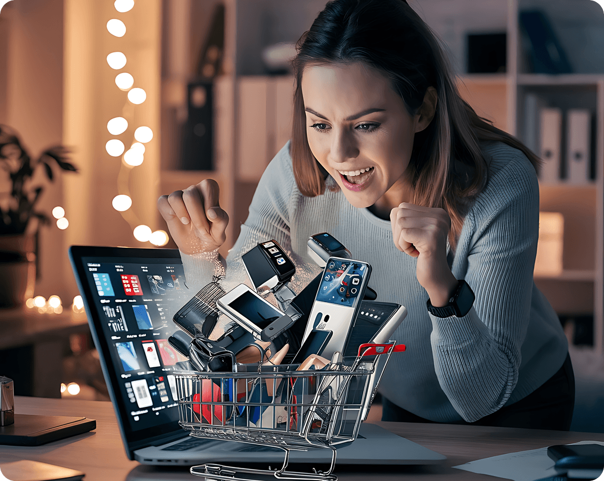 Happy woman shopping online with floating product icons