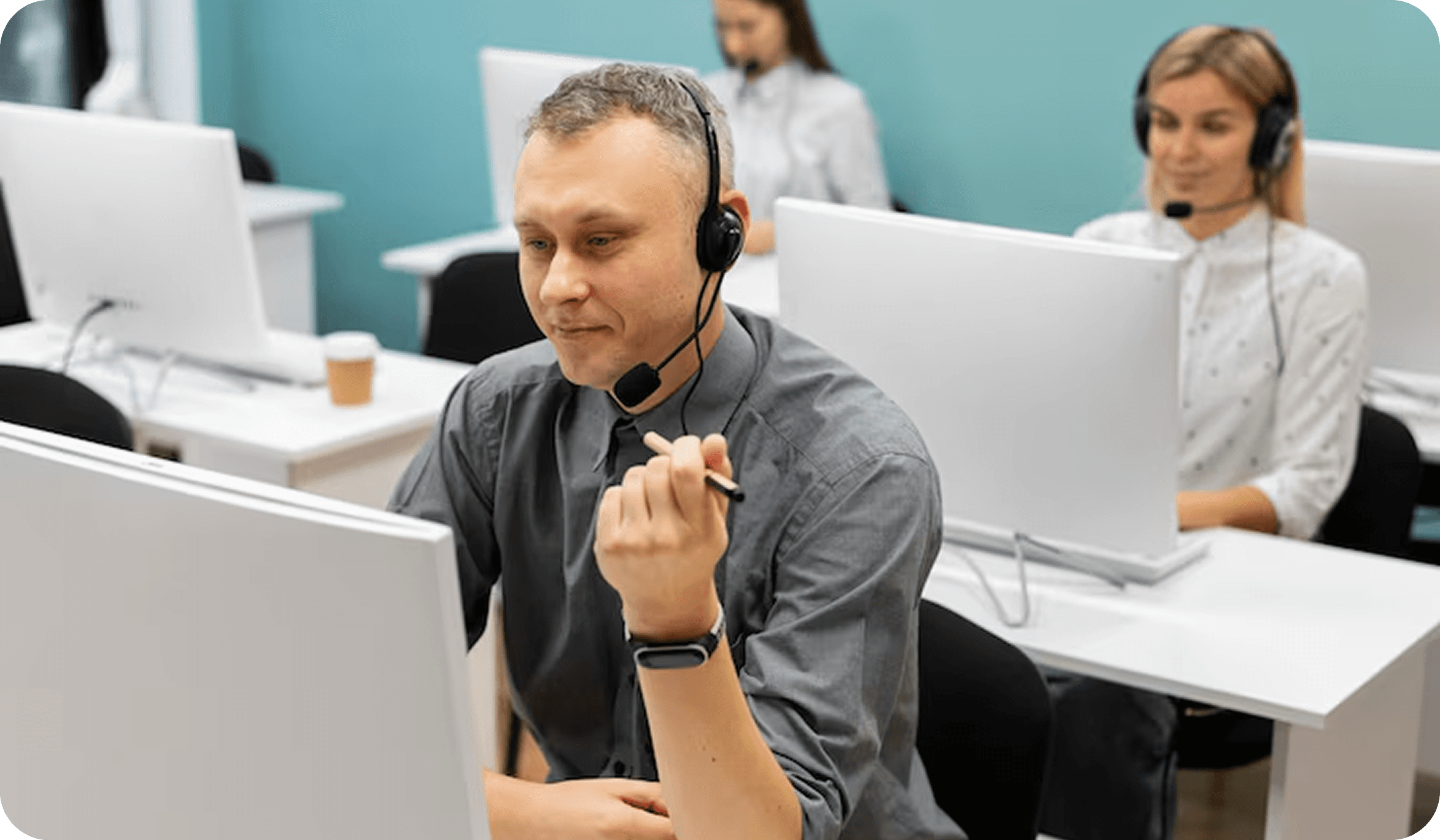 Call center representative with headset