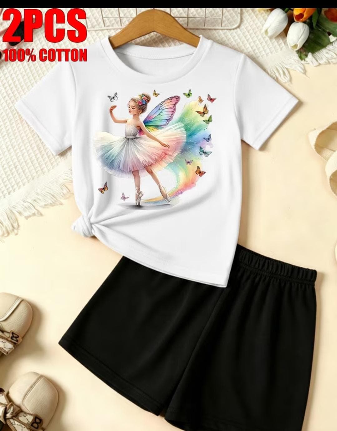 White Rainbow Fairy Ballerina Graphic T-Shirt & Black Shorts 2-Piece Set