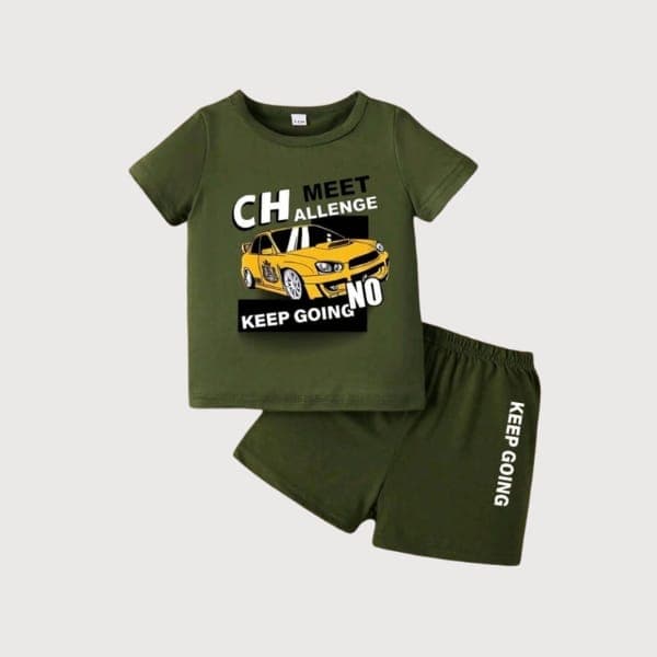 Premium Cotton Baby Boys Summer Olive Green "Meet Challenge" Sports Car Graphic Top with Matching Shorts Outfit Set (3 Months - 6 Years)