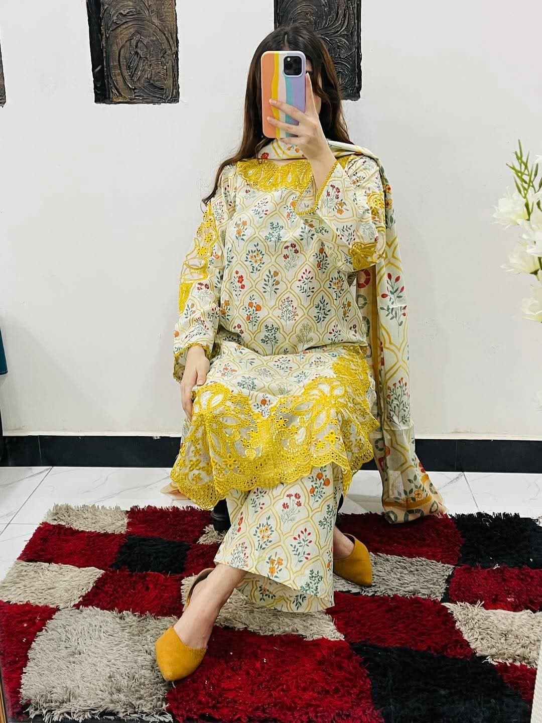 Cotton Embroidery Three Piece