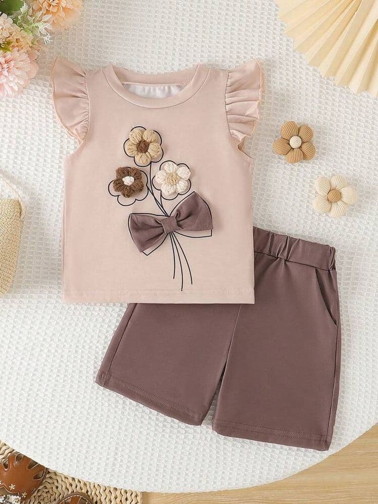 Pastel Pink Flutter Sleeve 3D Floral & Bow Top with Brown Shorts 2-Piece Set