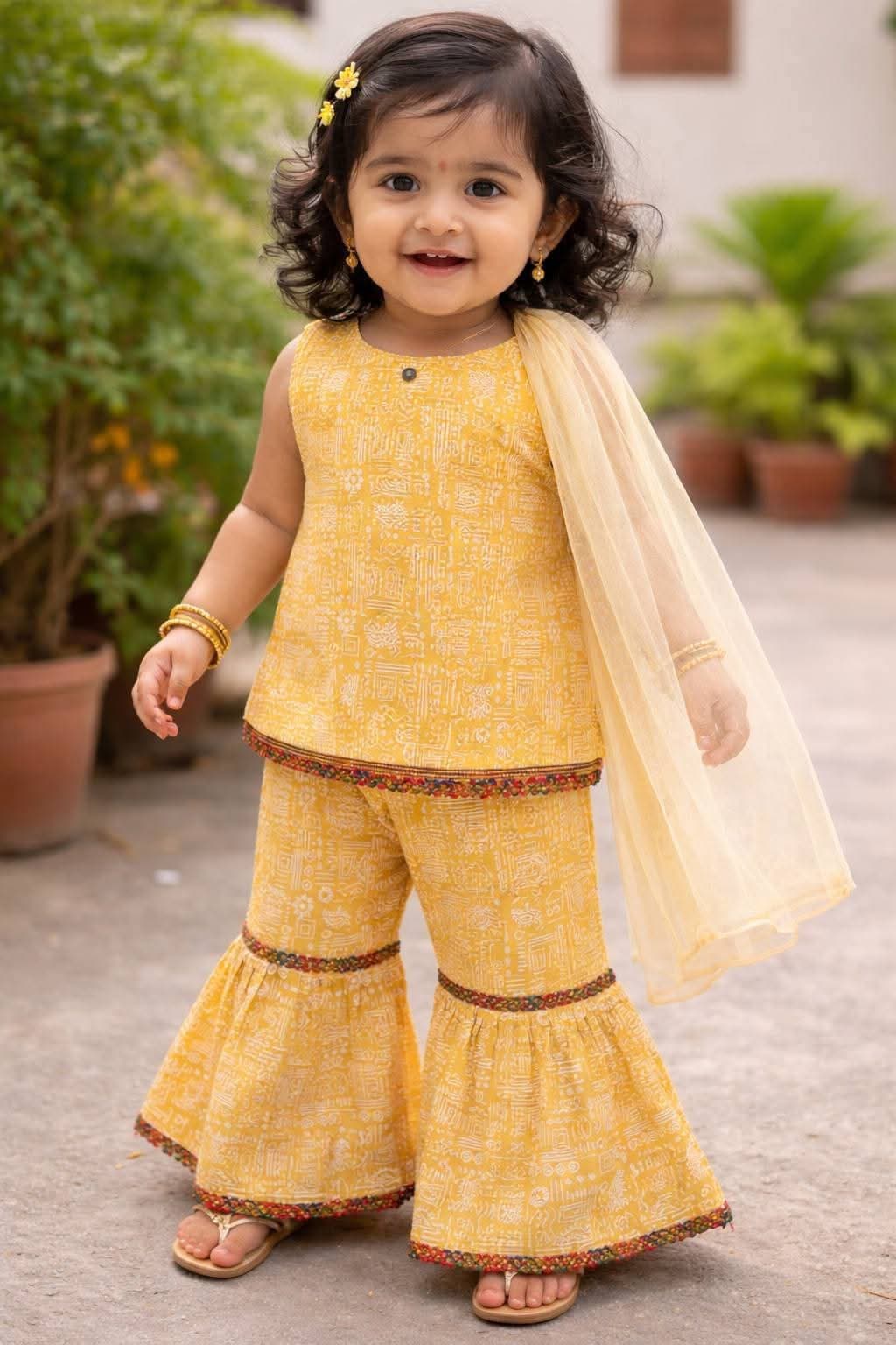 Bright Yellow Printed Kurti, Sharara Pants & Cream Dupatta 3-Piece Festive Set