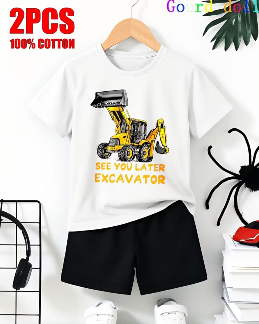 Premium Cotton Baby Boys Summer White Construction Excavator Printed Short Sleeve Top with Matching Solid Black Shorts Outfit Set (3 Months - 6 Years)