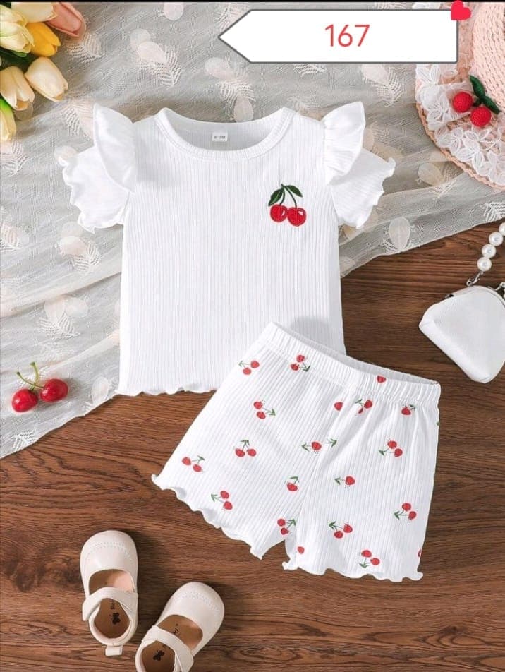 Cute White Flutter Sleeve Cherry Embroidered Top & All-Over Cherry Shorts 2-Piece Set