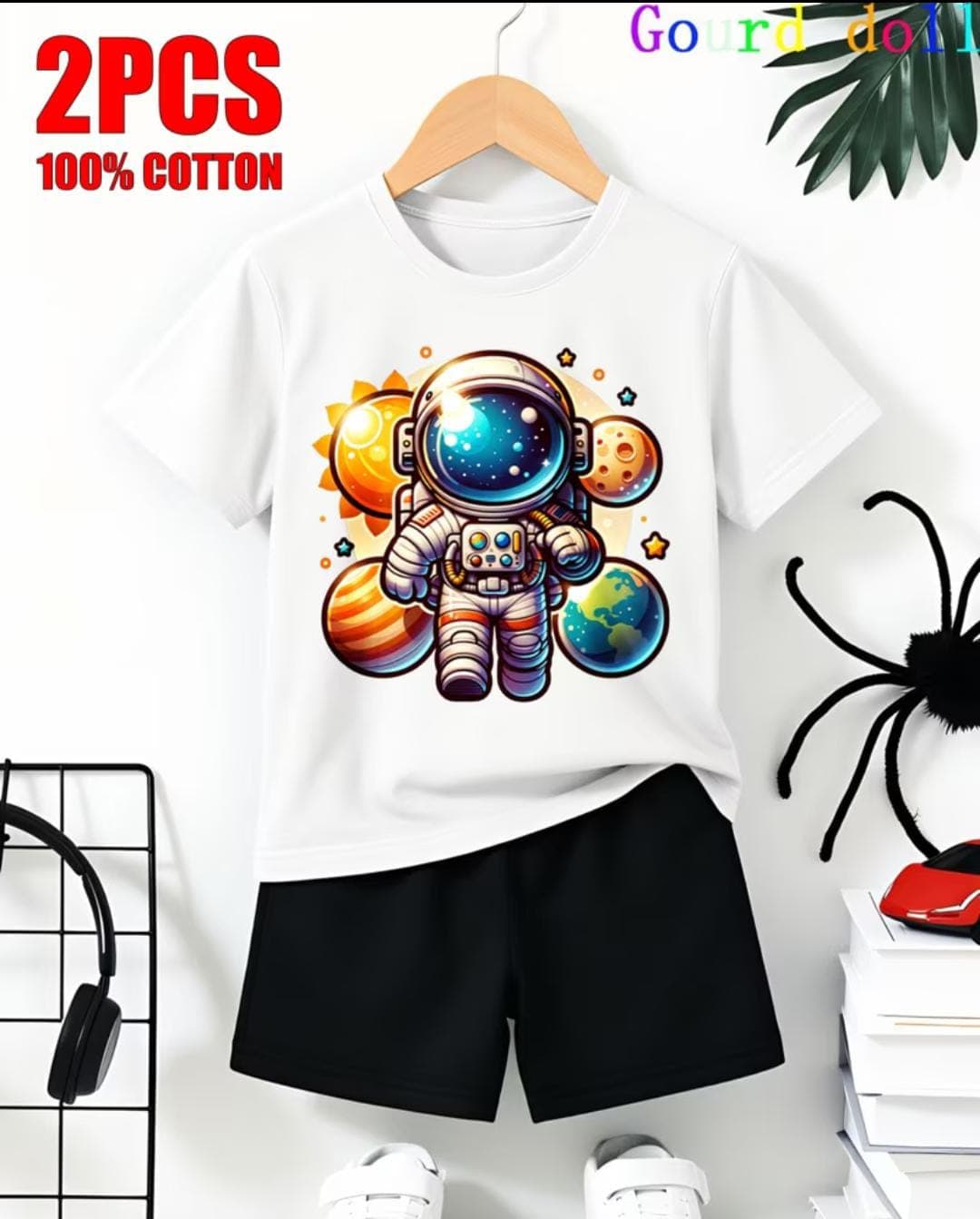 Premium Cotton Kids Summer White Cute Space Astronaut & Solar System Planets Printed Short Sleeve Top with Matching Solid Black Shorts Outfit Set (3 Months - 6 Years)