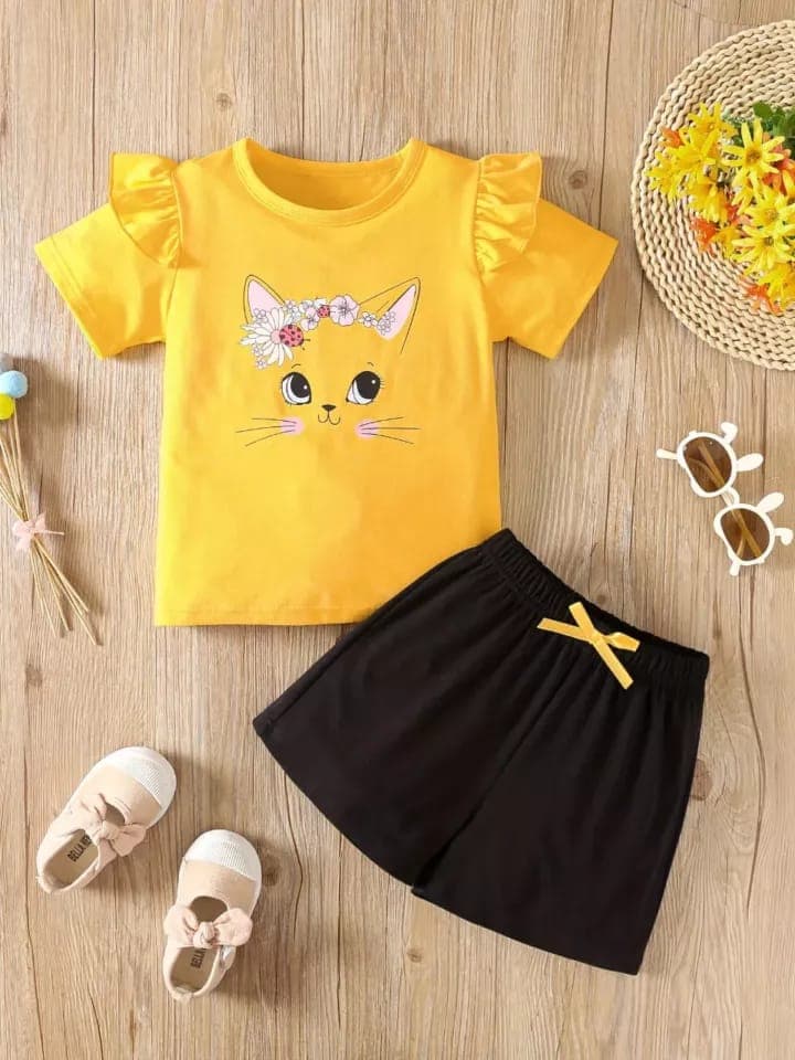 Premium Cotton Baby Girls Summer Bright Yellow Cute Kitten Face Print Flutter Sleeve Top with Solid Black Shorts Outfit Set (3 Months - 6 Years)