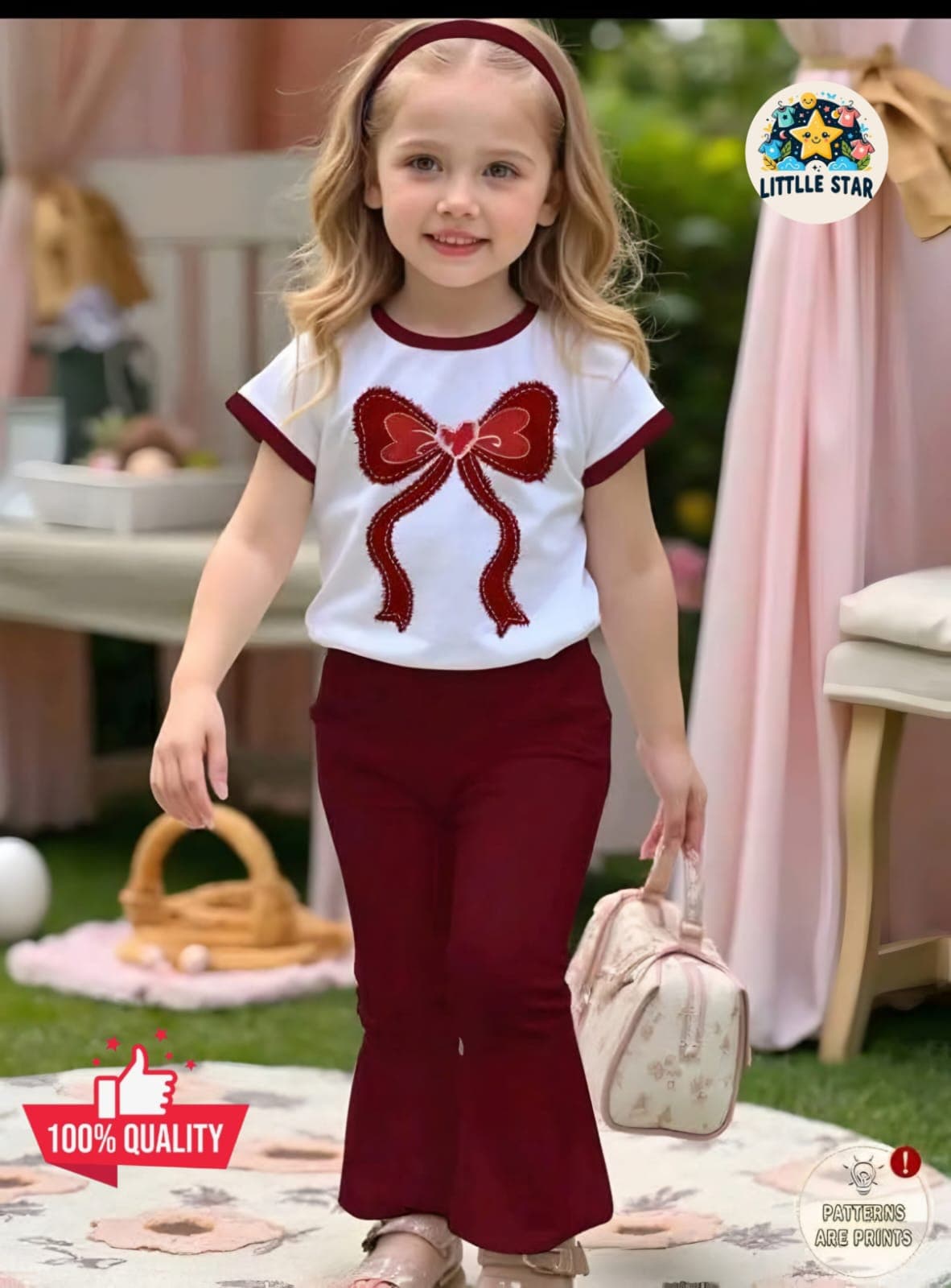 Maroon Bow Printed T-Shirt & Bell-Bottom Pants 2-Piece Stylish Outfit Set