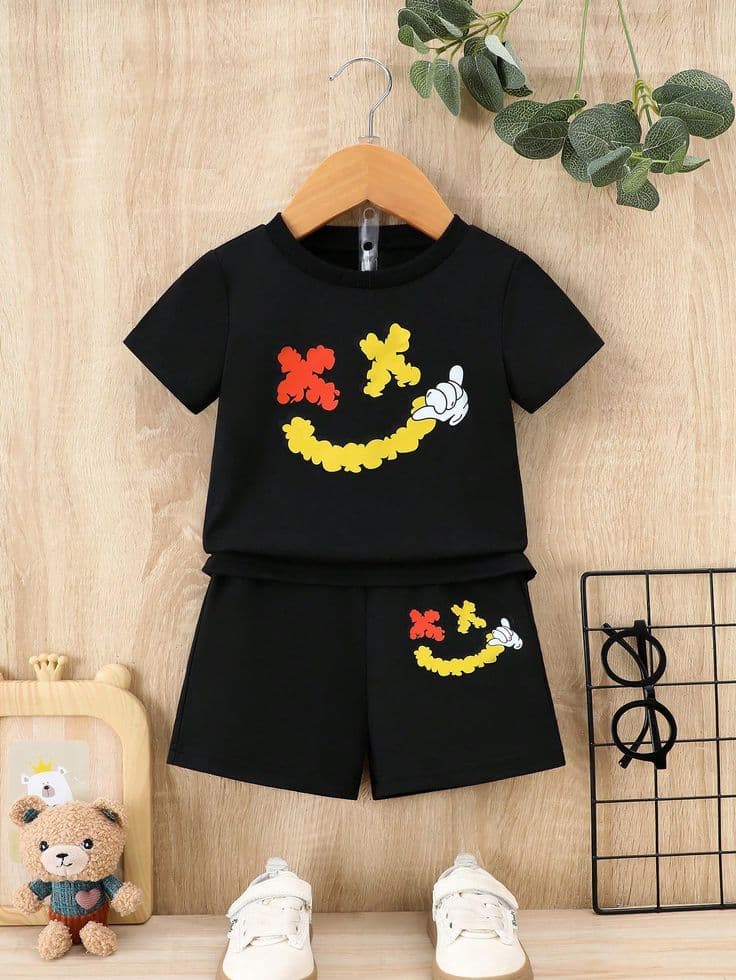 Premium Cotton Kids Summer Black Funky Cross-Eye Smiley Face Printed Short Sleeve Top with Matching Printed Shorts Outfit Set (3 Months - 6 Years)