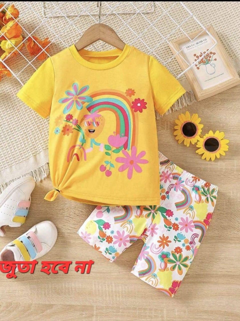 Toddler & Girls Cute Yellow Rainbow Printed T-Shirt and Floral Shorts 2-Piece Set