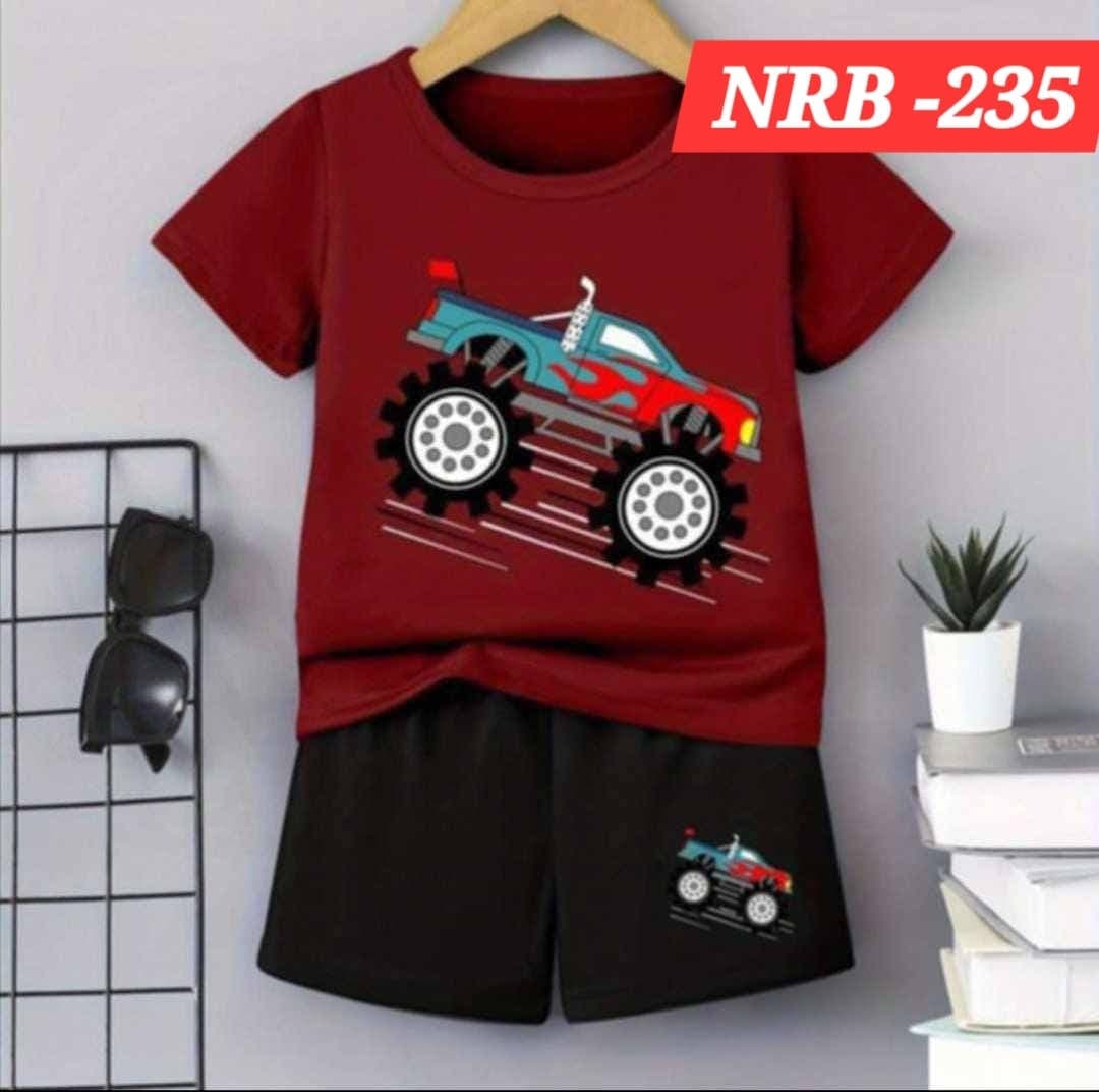 Cool Maroon Flame Monster Truck Graphic T-Shirt & Black Shorts 2-Piece Set