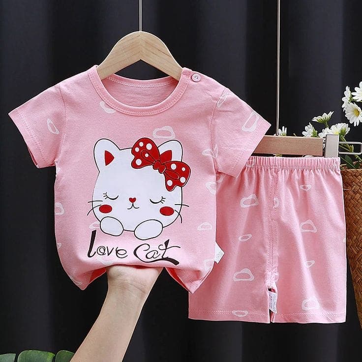 Pink "Love Cat" Red Bow Kitty Graphic T-Shirt & Matching Shorts 2-Piece Set