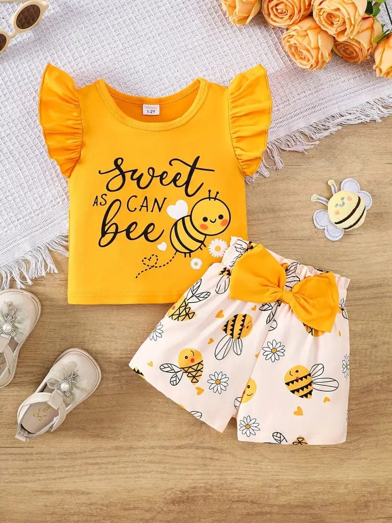 Bright Yellow "Sweet as Can Bee" Flutter Sleeve Top & Honeybee Printed Bow Shorts 2-Piece Set