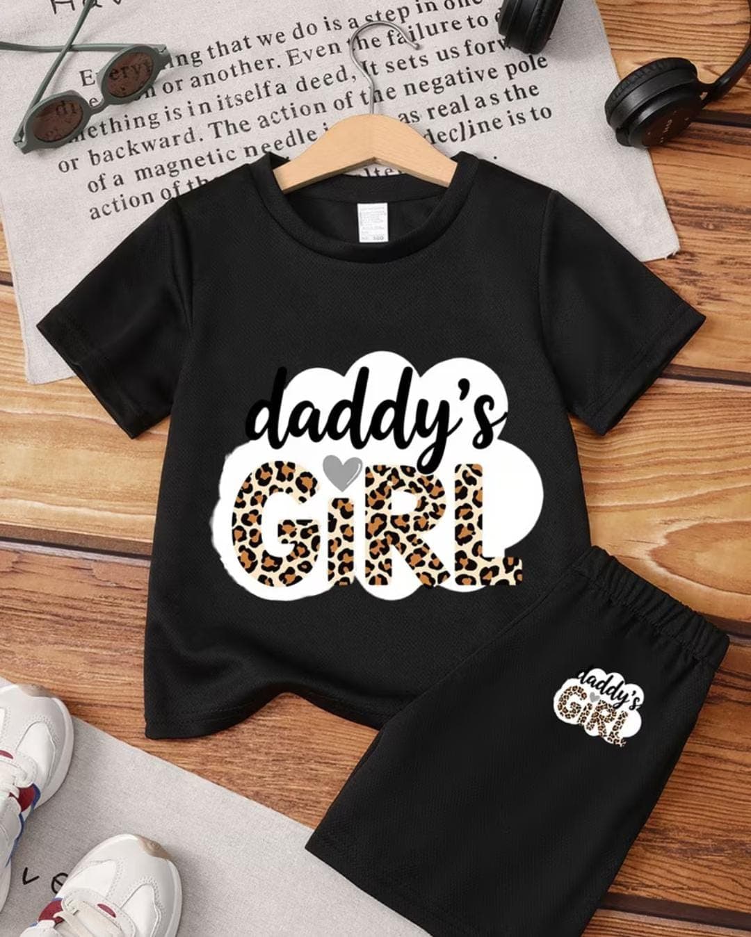 Black "Daddy's Girl" Leopard Print Graphic T-Shirt & Matching Shorts 2-Piece Set