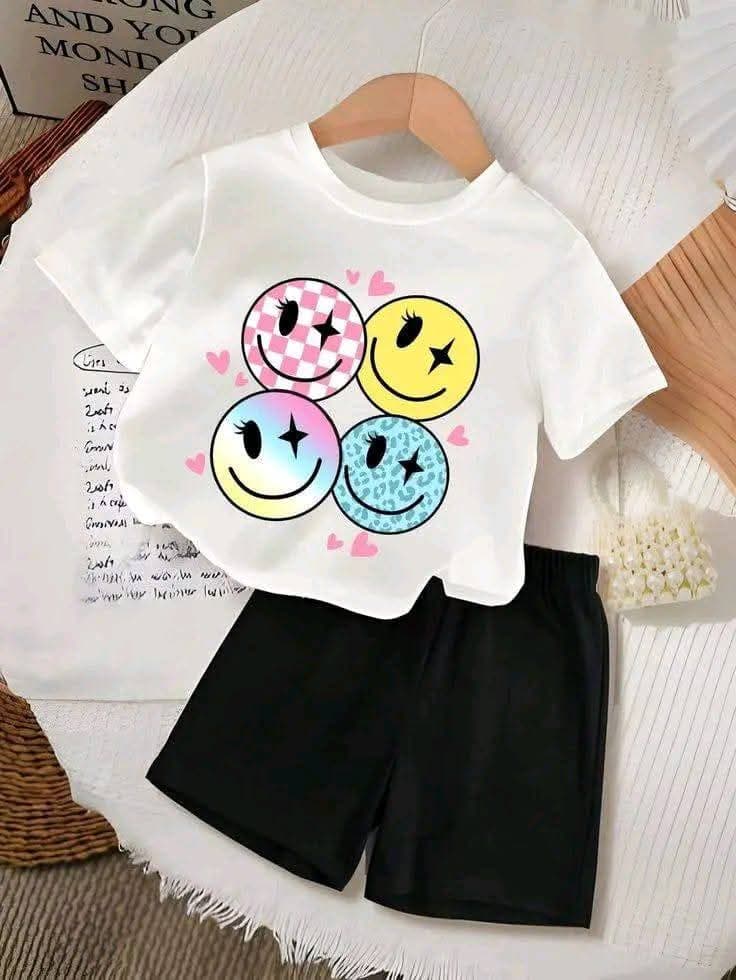 Premium Cotton Baby Girls Summer White Smiley Face Printed Short Sleeve Top with Solid Black Shorts Outfit Set (3 Months - 6 Years)