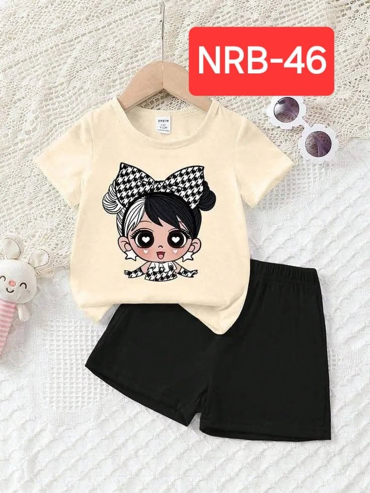 Cute Beige Doll Character Graphic T-Shirt & Black Shorts 2-Piece Set