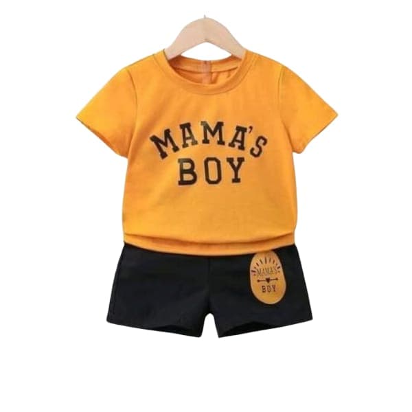 Premium Cotton Baby Boys Summer Mustard Yellow "Mama's Boy" Printed Short Sleeve Top with Black Shorts Outfit Set (3 Months - 6 Years)
