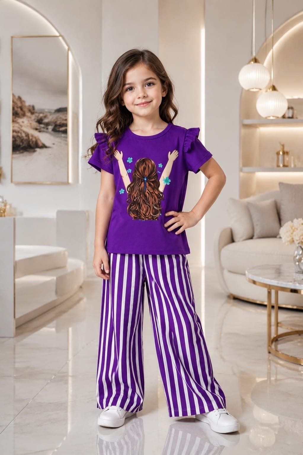 Purple Girl Art Ruffle Sleeve Top & Striped Wide-Leg Pants 2-Piece Outfit Set