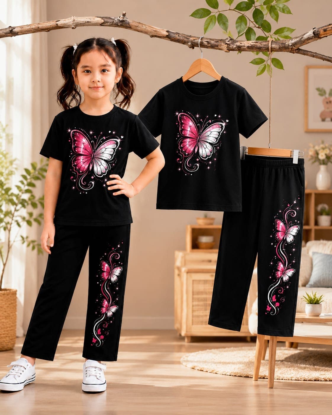 Black Pink Butterfly Printed T-Shirt & Matching Pants 2-Piece Set