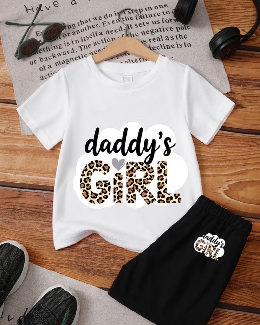 Premium Cotton Baby Girls Summer White "Daddy's Girl" Leopard Letter Printed Short Sleeve Top with Matching Printed Black Shorts Outfit Set (3 Months - 6 Years)