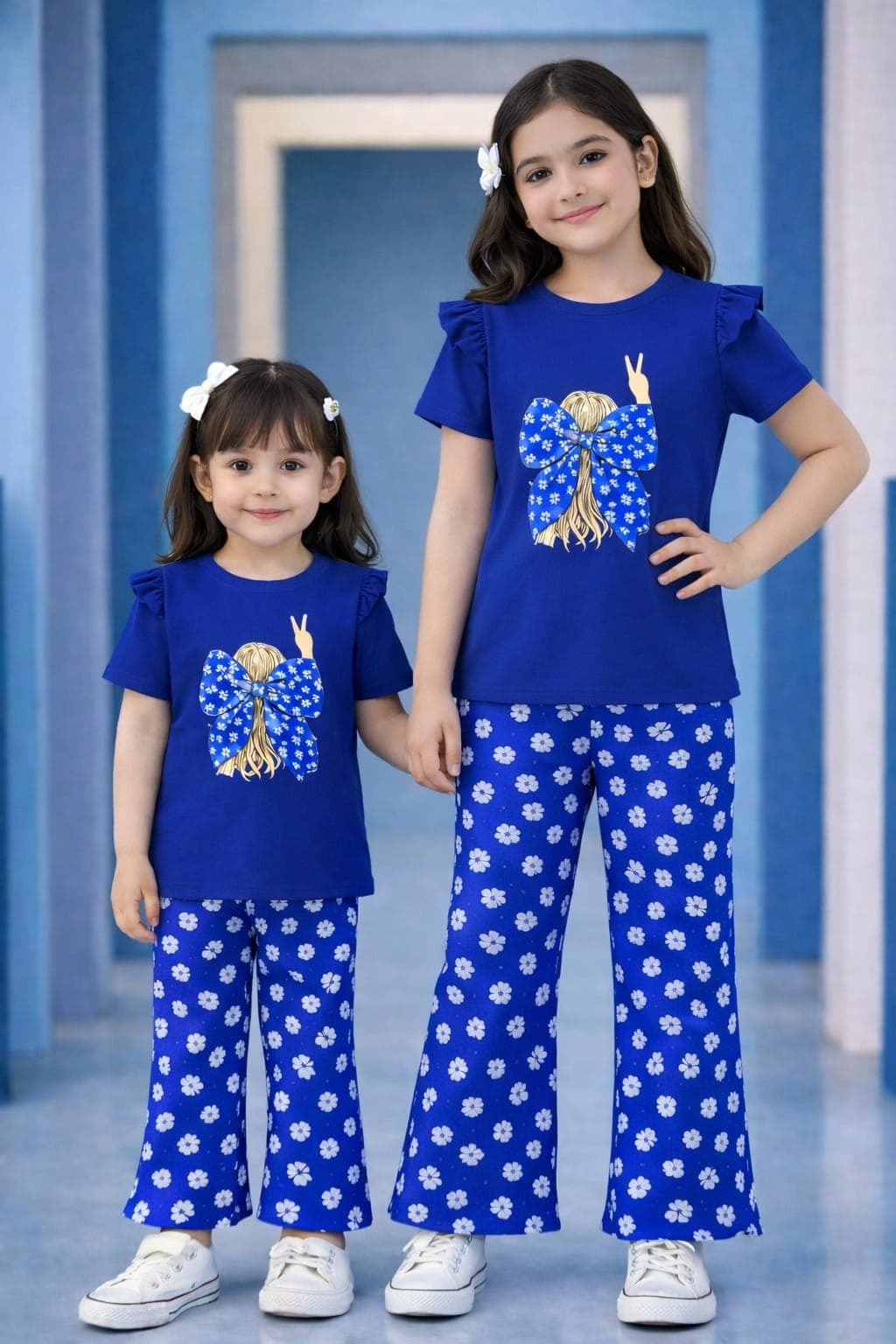 Royal Blue Floral Bow T-Shirt & Flared Pants 2-Piece Sibling Set