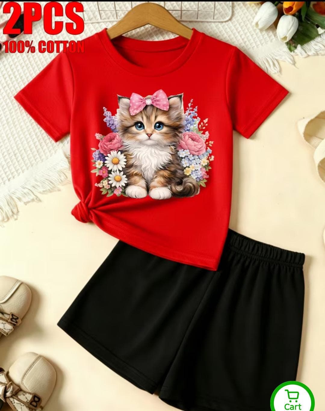Premium Cotton Baby Girls Summer Vibrant Red Fluffy Kitten Print Short Sleeve T-Shirt with Matching Solid Black Shorts Outfit Set (3 Months - 6 Years)