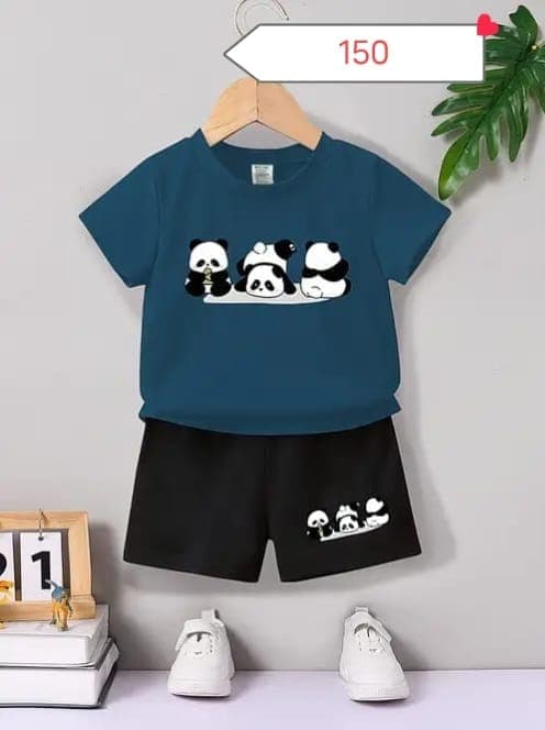 Cute Teal Blue Playful Panda Printed T-Shirt & Black Shorts 2-Piece Set