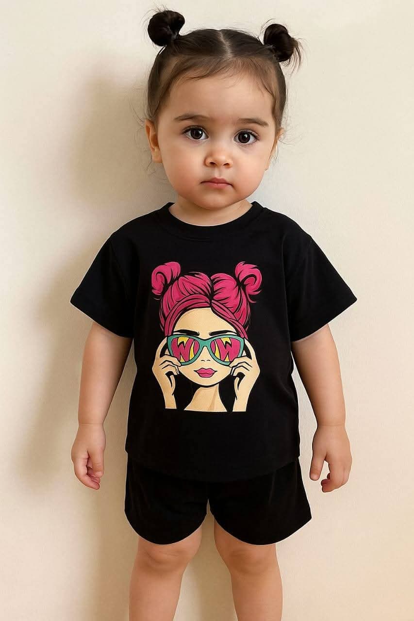 Premium Cotton Baby Girls Summer Black Cool Girl Sunglasses Graphic Top with Matching Black Shorts Outfit Set (3 Months - 6 Years)