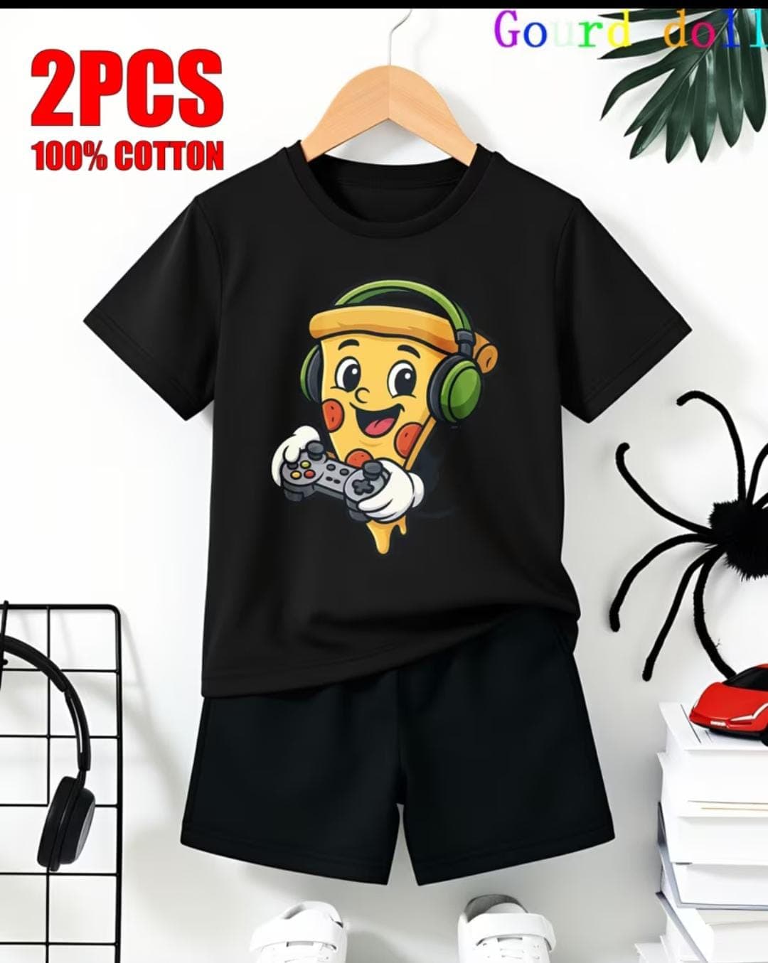 Premium Cotton Kids Summer Black Funny Gamer Pizza Slice Printed Short Sleeve Top with Matching Solid Black Shorts Outfit Set (3 Months - 6 Years)