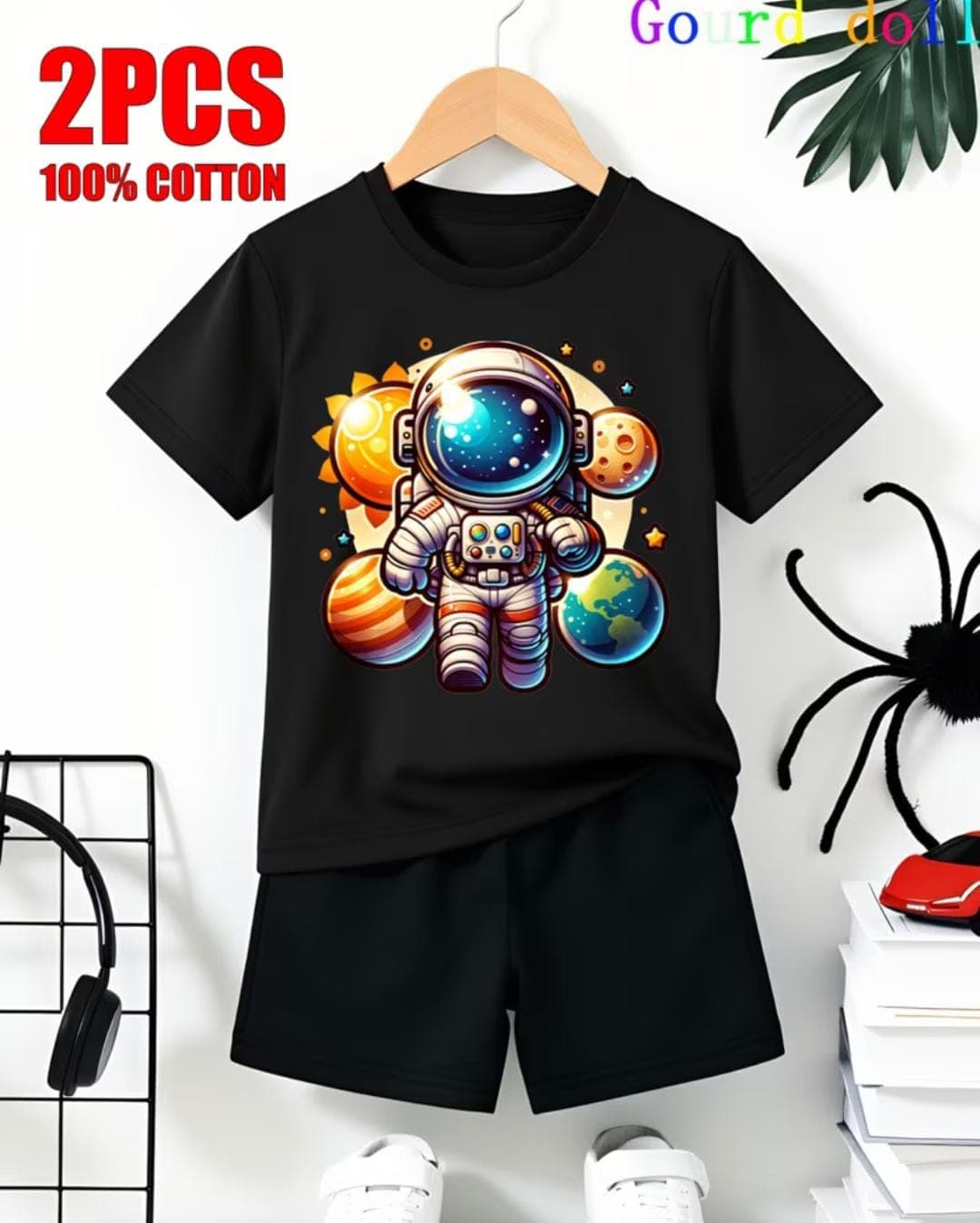 Black Space Astronaut & Planets Graphic T-Shirt & Shorts 2-Piece Set