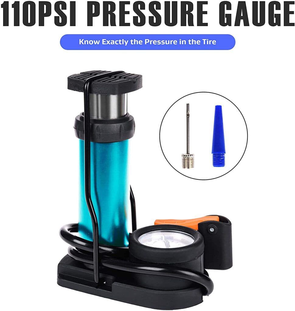 Mini Portable Bike, Bicycle Tire Hand Foot Activated Floor Pump with Presta Schrader Dunlop Valves Extra Valve and Gas Needle