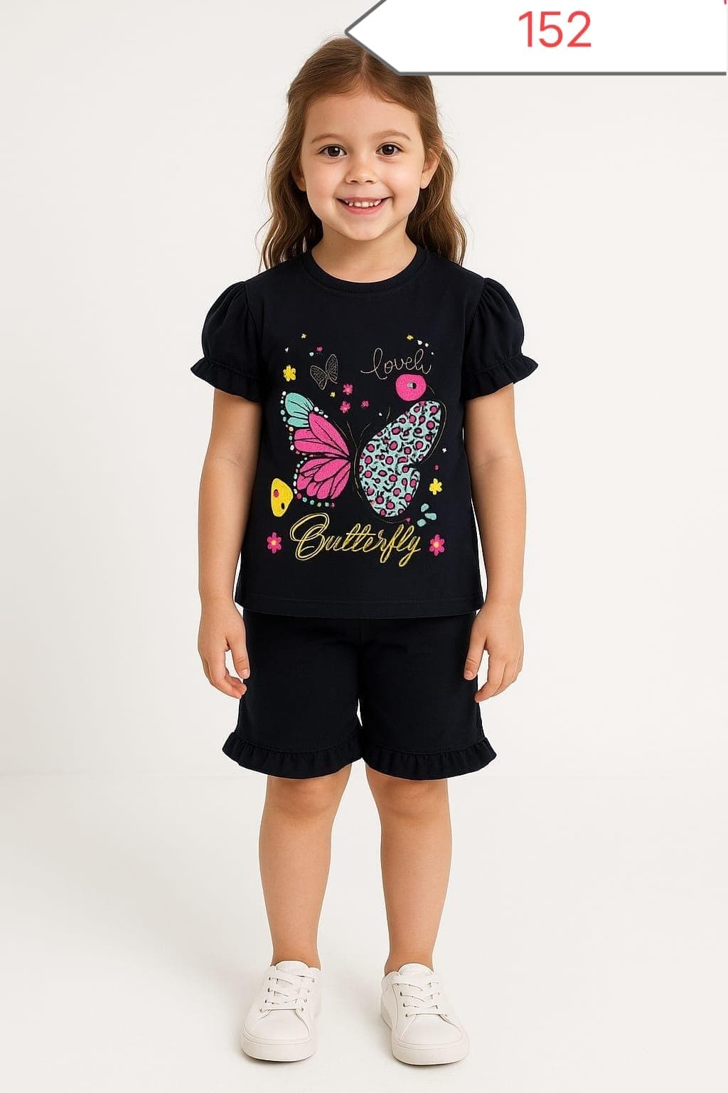 Cute Navy Black Puff Sleeve Butterfly Print Top & Ruffle Hem Shorts 2-Piece Set