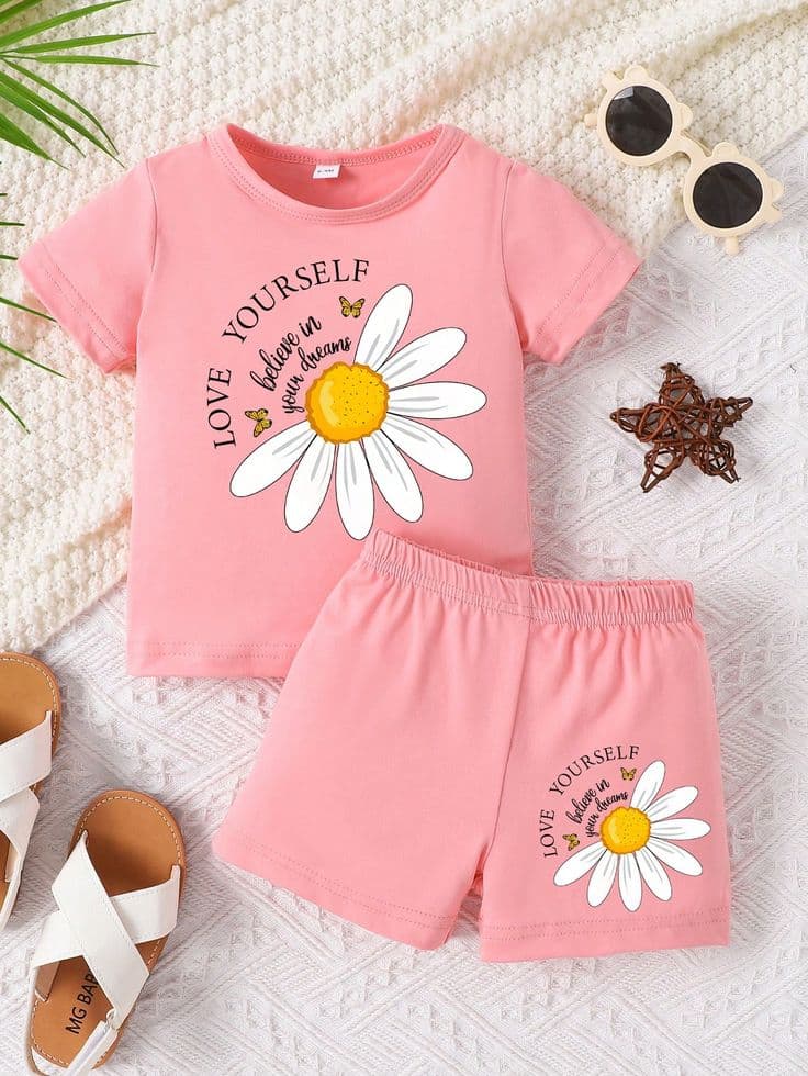 Pink Daisy Flower "LOVE YOURSELF" Graphic T-Shirt & Matching Shorts 2-Piece Set