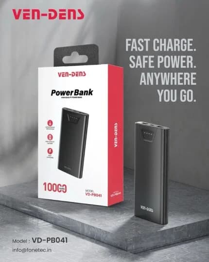 Ven-Dens VD-PB062 10000mAh Power Bank – Digital Display with Built-in Type-C & Lightning Cables