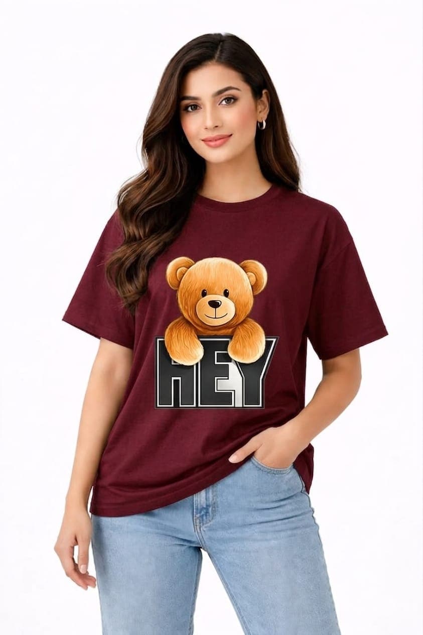 Trendy Teddy Bear Print Premium Cotton T-Shirt for Women - Maroon