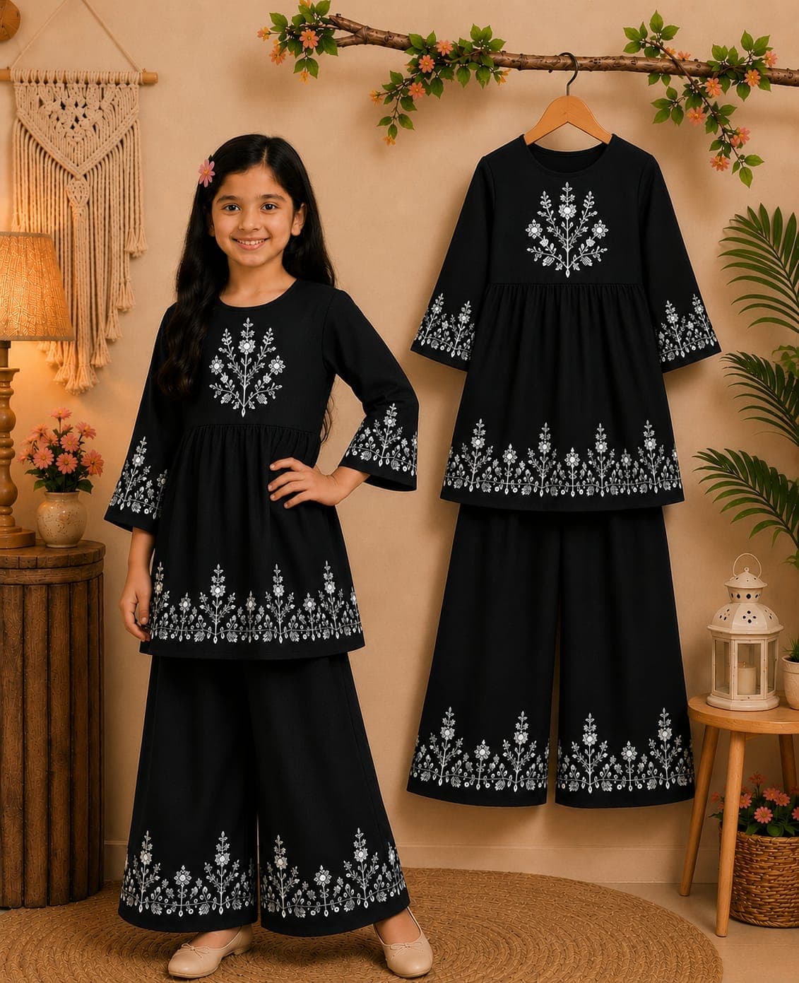 Girls Traditional Black Embroidered Kurti with Wide Leg Sharara Set