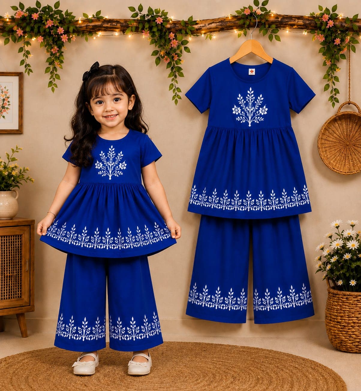 Girls Royal Blue Floral Embroidered Kurti with Wide-Leg Palazzo Pants Set