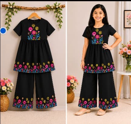 Girls Vibrant Floral Printed Black Kurti with Wide-Leg Palazzo Pants Set