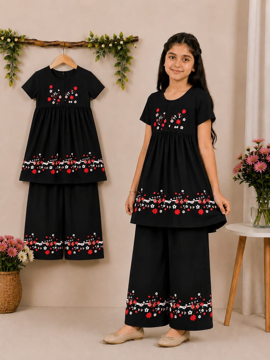 Girls Black Floral Embroidered Kurti with Wide-Leg Palazzo Pants Set