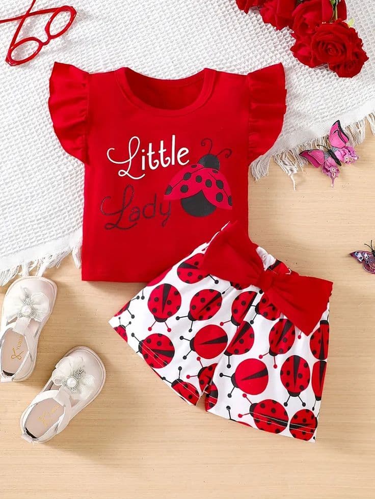 Red Flutter Sleeve "Little Lady" Ladybug Graphic Top & Bow Shorts 2-Piece Set
