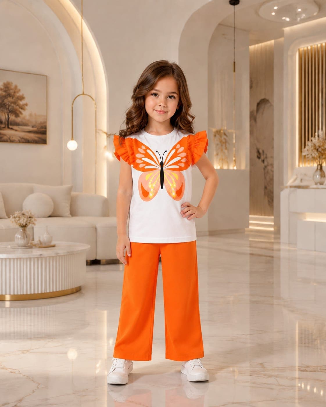 Orange Butterfly Ruffle Sleeve Top & Wide-Leg Pants 2-Piece Outfit Set