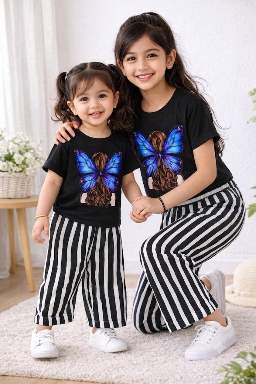 Black Blue Butterfly Girl Print T-Shirt & Striped Pants 2-Piece Set