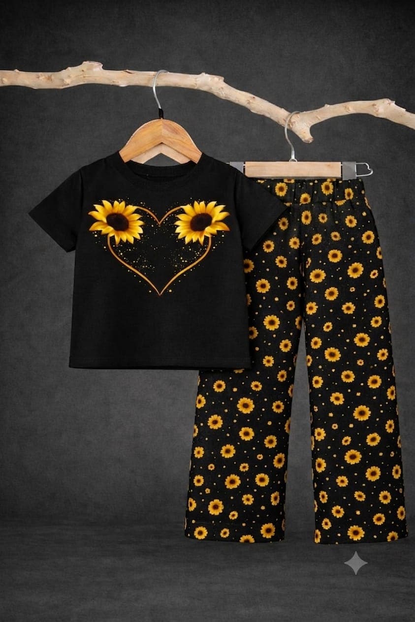 Premium Cotton Blend Kids Black Short Sleeve T-Shirt with Sunflower Heart Graphic Print and Matching Sunflower Printed Wide-Leg Trousers 2-Piece Outfit Set (1 Year - 12 Years)