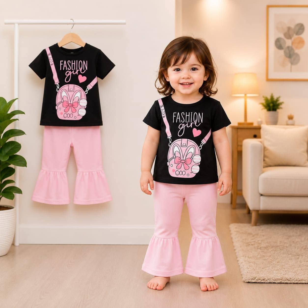 Black short-sleeve t-shirt featuring "Fashion Girl" script, a heart graphic, and a printed 3D-style pink bunny bag with a shoulder strap.