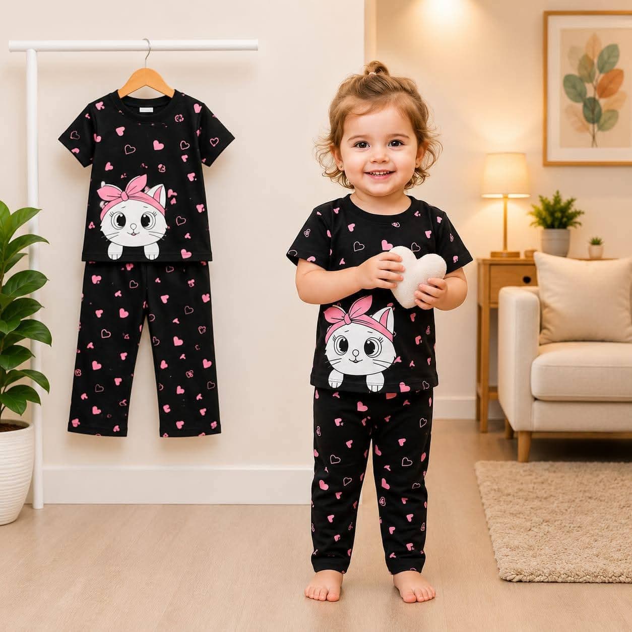 Black "Fashion Girl" T-Shirt & Pink Ruffle Bell-Bottom Pants 2-Piece Set
