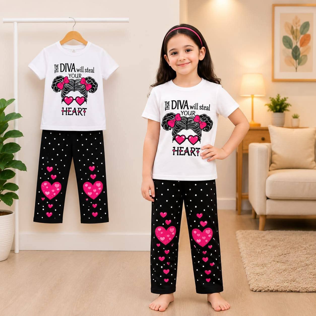 White "The Diva Will Steal Your Heart" T-Shirt & Pink Heart Black Pants 2-Piece Set